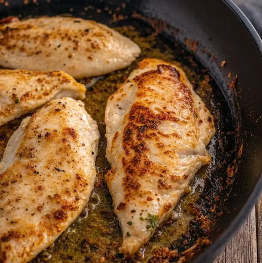 Four pieces of chicken, golden-brown and lightly crusted with spices, are sizzling in a dark cast iron skillet. The chicken breasts are cooked through and resting in a small amount of oil.