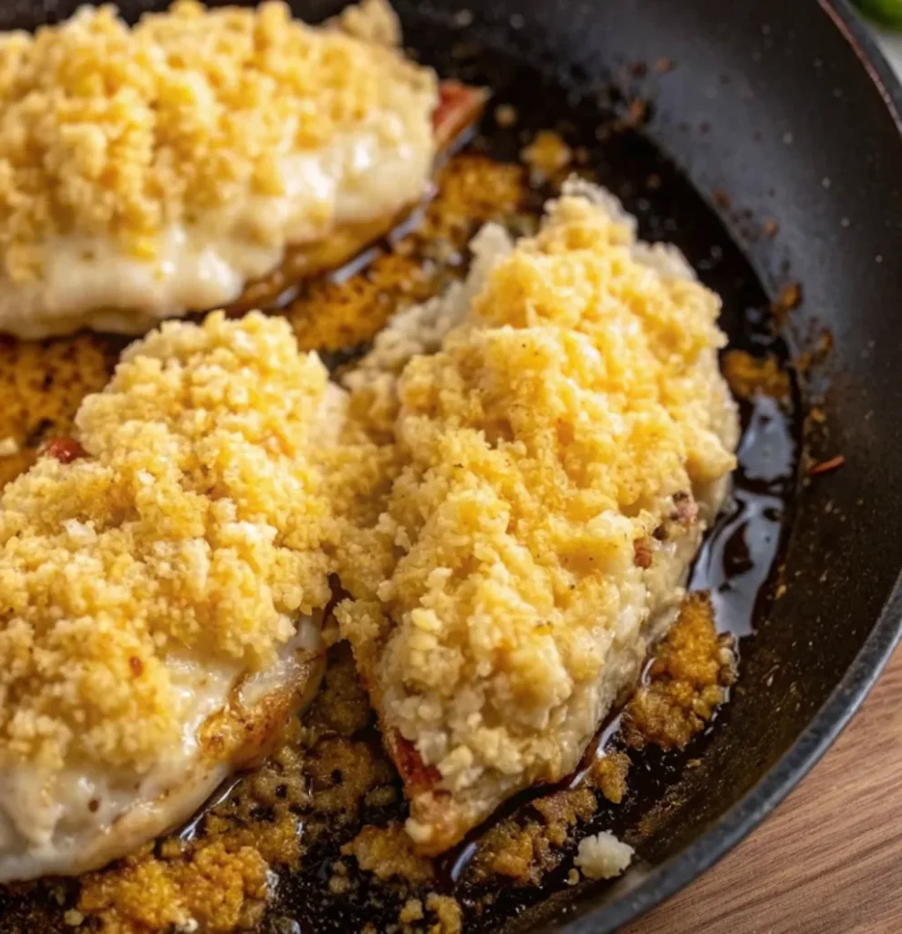 Three pieces of pan-fried chicken are topped with a thick, melting white sauce and a generous, golden-yellow crumb topping. The chicken is finishing in a dark cast iron skillet.