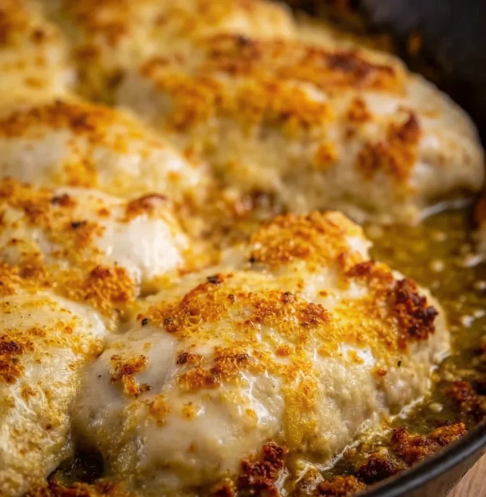 Four pieces of pan-fried chicken are topped with a thick, melting white cheese layer and a generous, golden-yellow crumb topping. Longhorn Parmesan Crusted Chicken recipe is sizzling in a dark cast iron skillet.