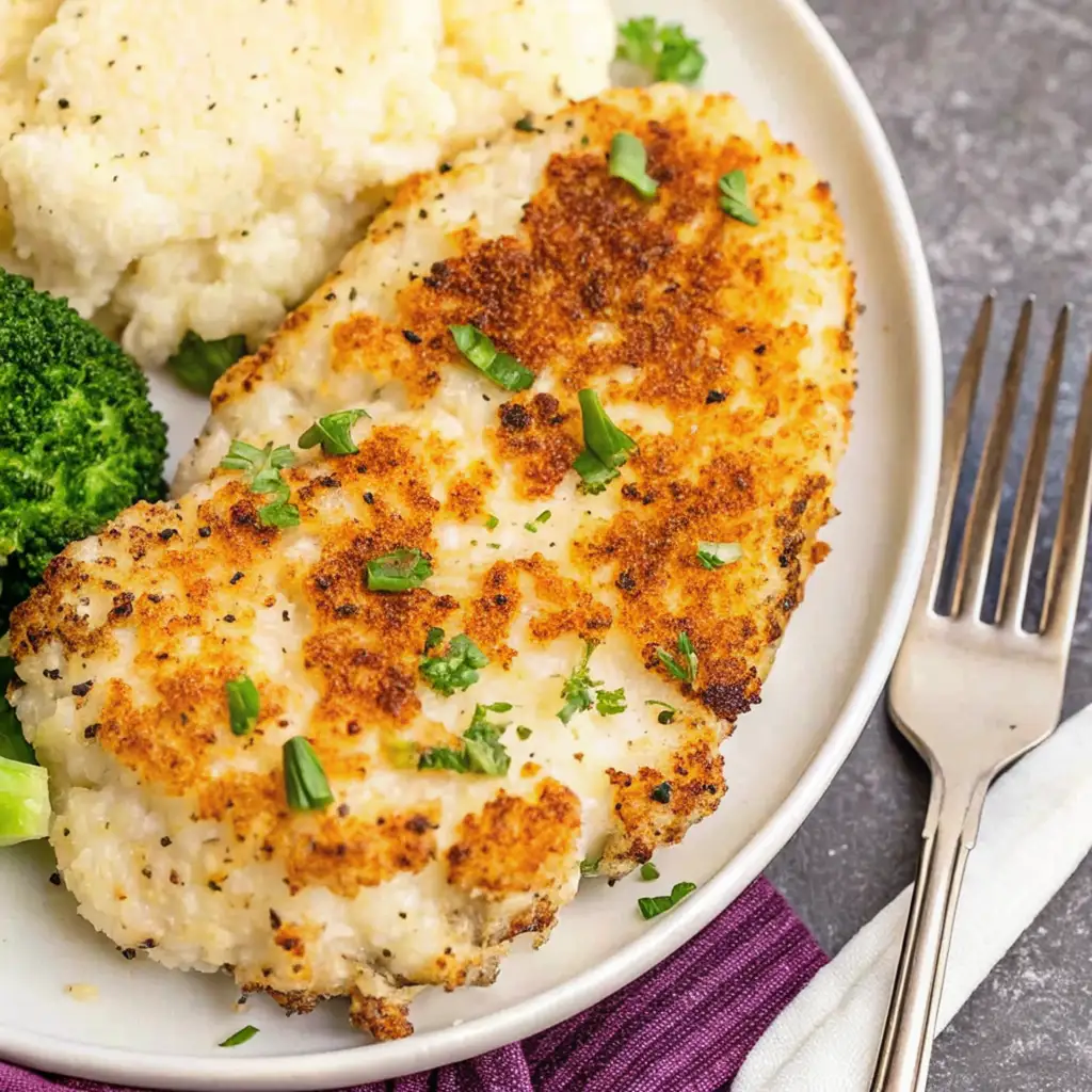 A golden-brown Parmesan-crusted chicken breast is served on a white plate with a side of fluffy cauliflower and green broccoli florets. It is garnished with chopped herbs. for Longhorn Parmesan Crusted Chicken recipe