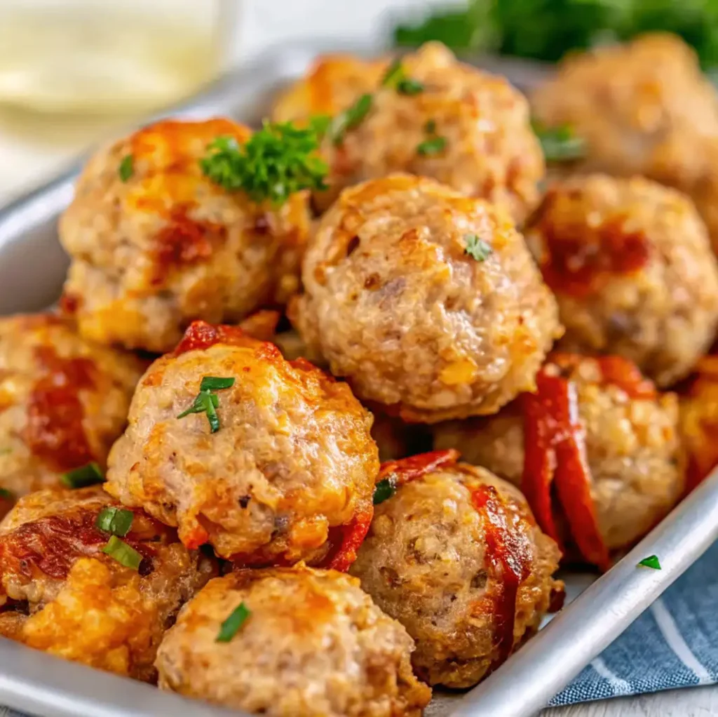 This is a close-up image of a serving of finished Rotel sausage balls, stacked high on a metal serving tray. The appetizers are golden-brown with visible melted orange cheese and pieces of red chiles/tomatoes, garnished with green herbs.