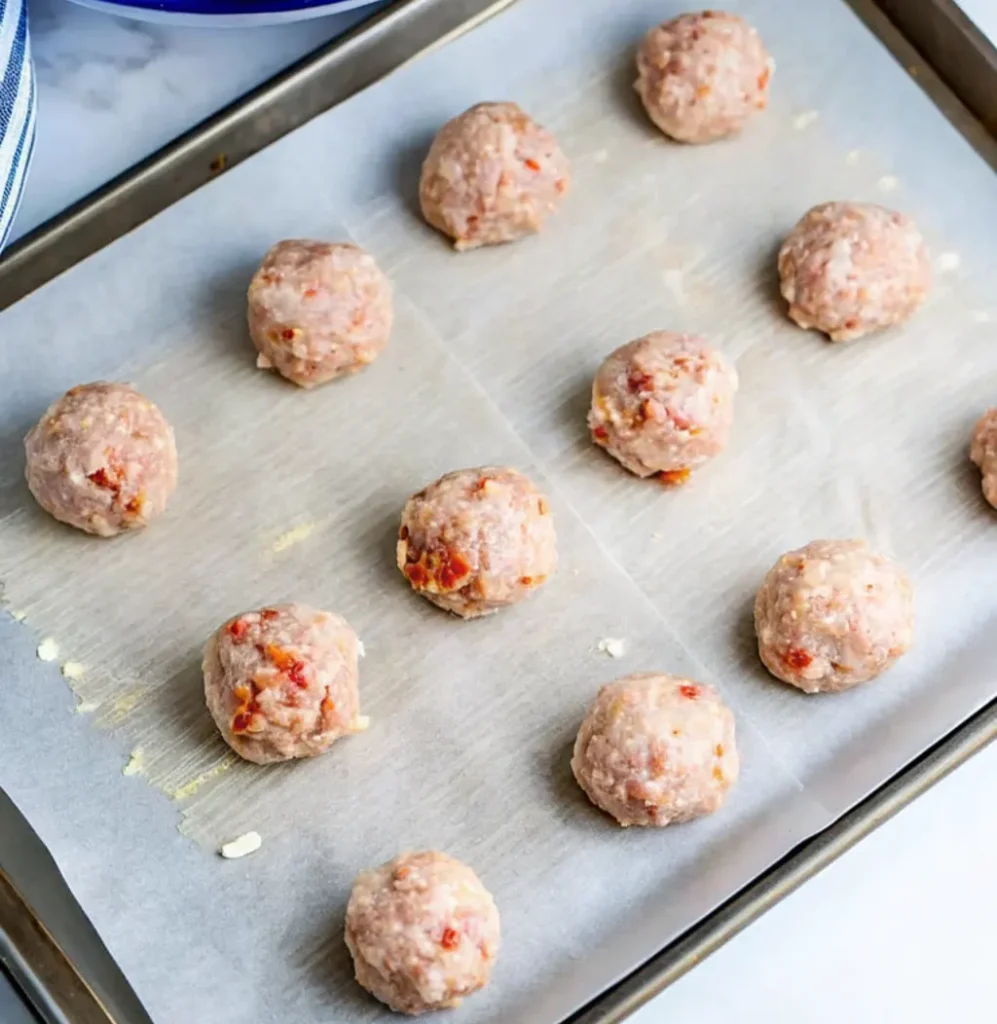 This image shows raw Rotel sausage balls, ready for baking, arranged on a parchment-lined baking sheet. The meatballs are uniformly sized and clearly show flecks of red tomato/chile mixed into the raw ground sausage.