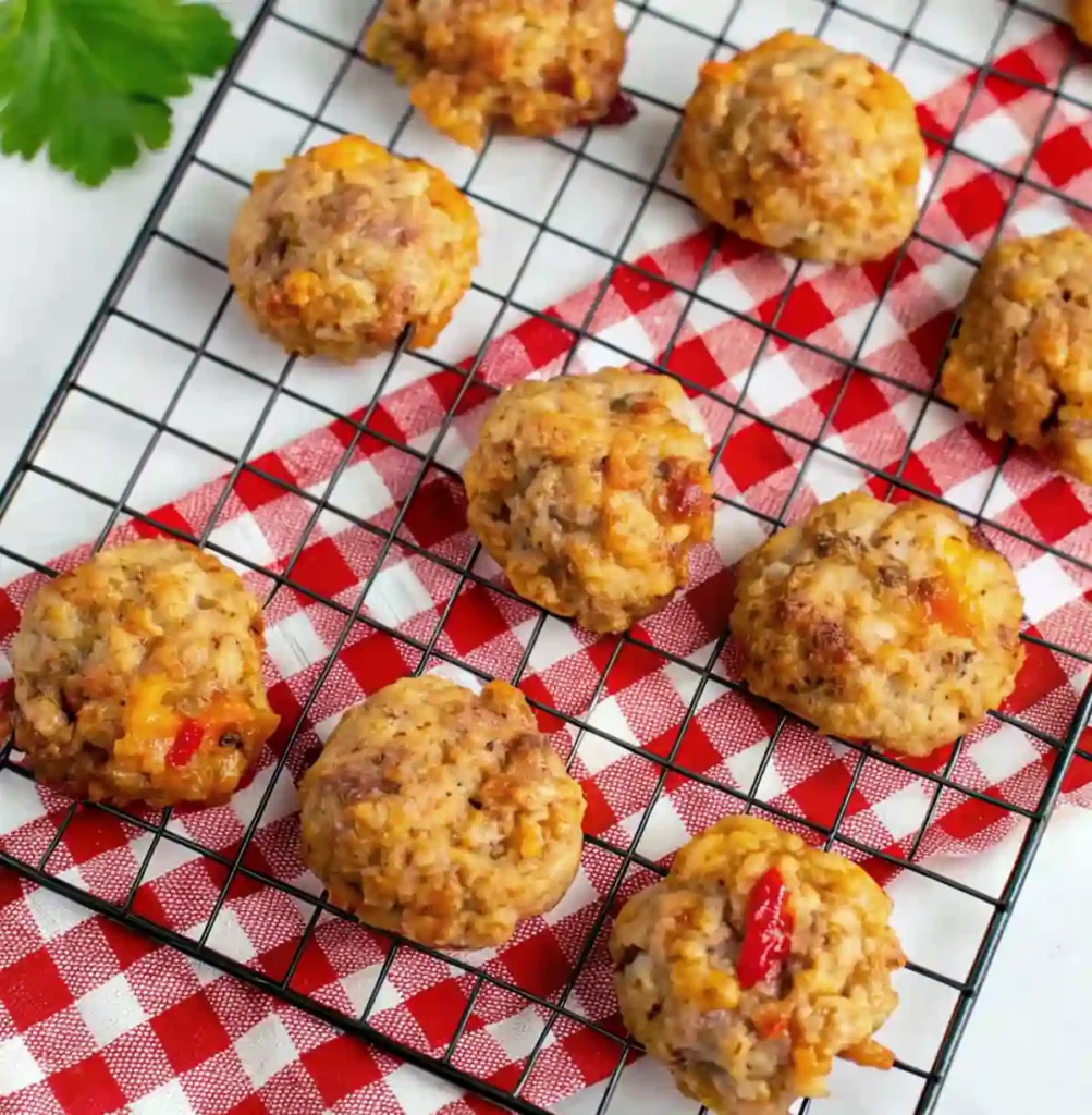 This image features baked Rotel sausage balls cooling on a black wire rack. The appetizers are golden brown, showing melted cheese and visible pieces of red chiles/tomatoes, sitting over a red and white checkered cloth.