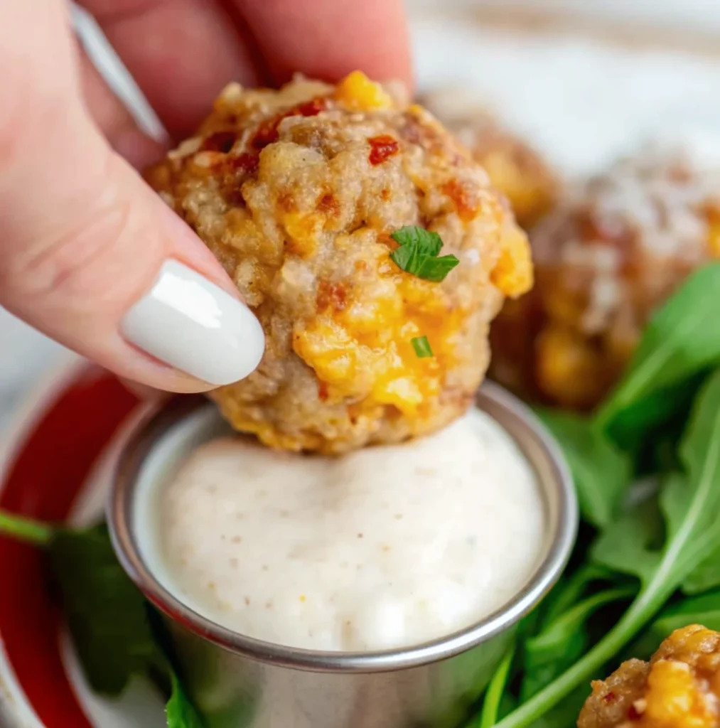 This is a close-up image of a baked Rotel sausage ball being dipped into a small metal container of creamy dipping sauce.