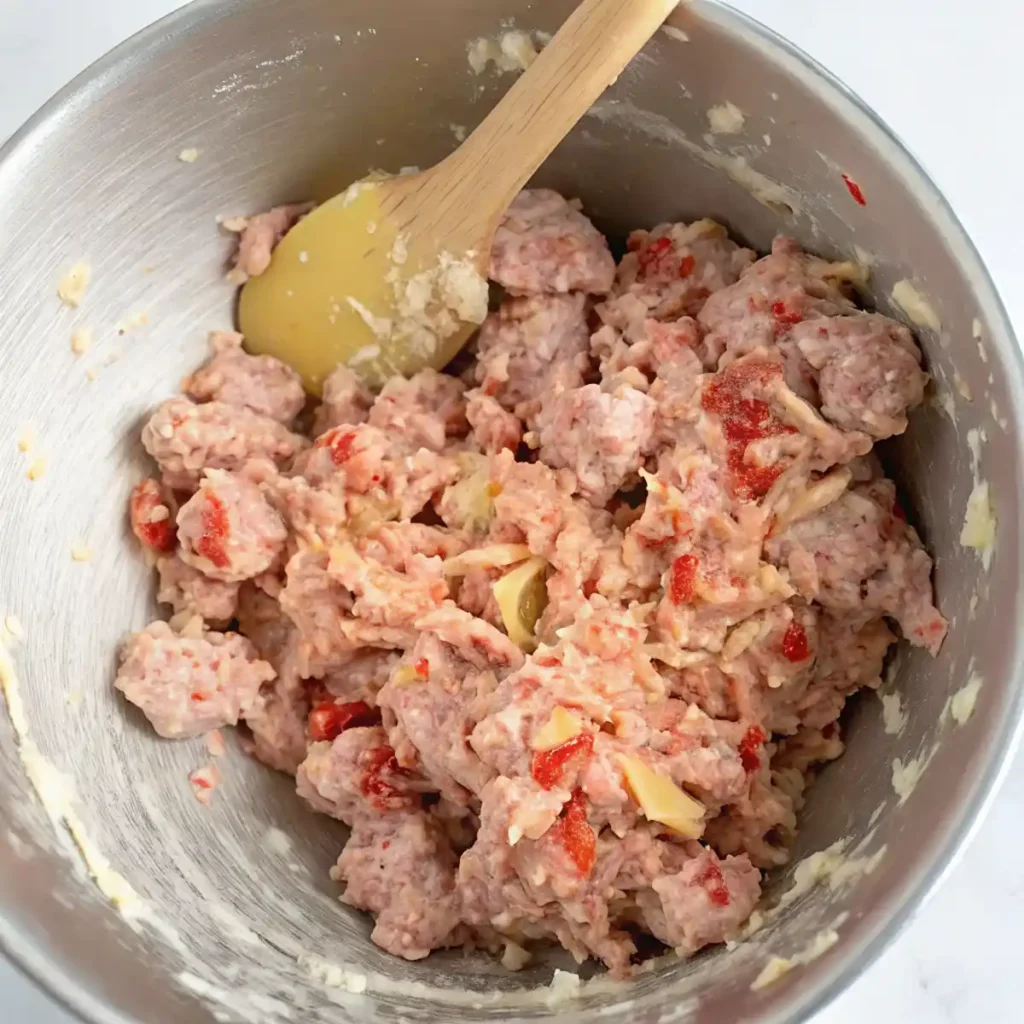 Rotel sausage ball mixture in a stainless steel mixing bowl. The raw ground sausage is combined with ingredients like shredded cheese and pieces of red tomato/chile,