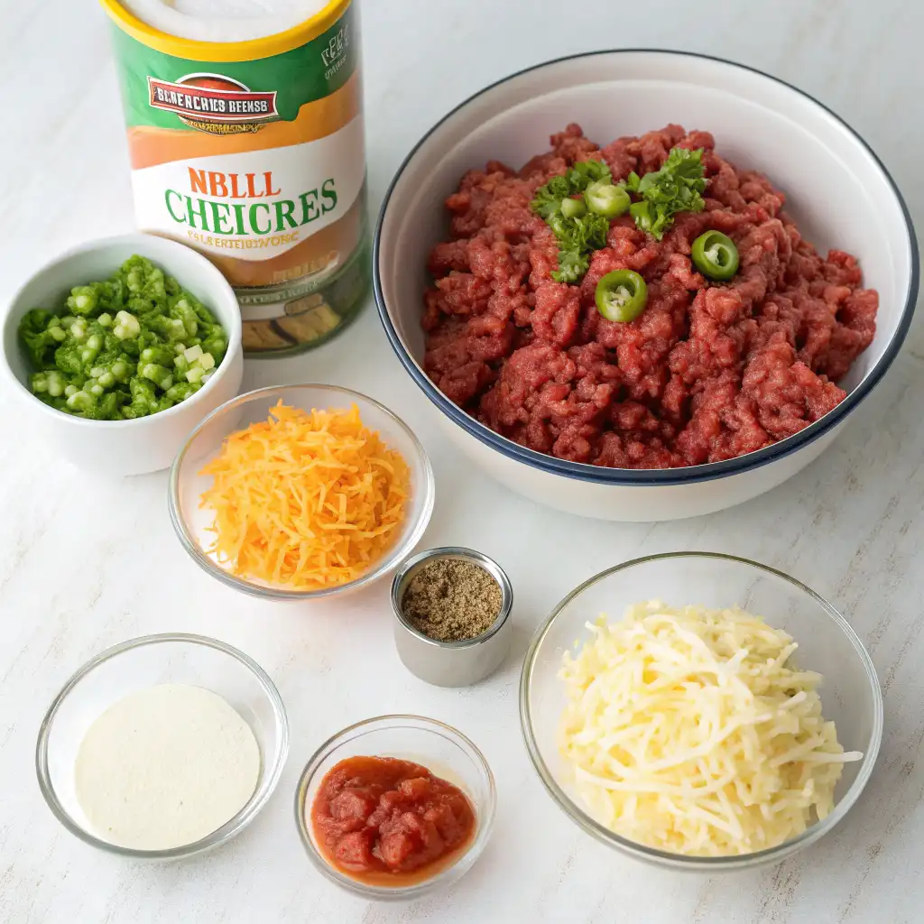 This image displays the ingredients for a Rotel Sausage Balls recipe. Components include ground meat, shredded cheddar and white cheese, chopped green onions, a can of what appears to be diced tomatoes and chiles, spices, a small bowl of creamy sauce