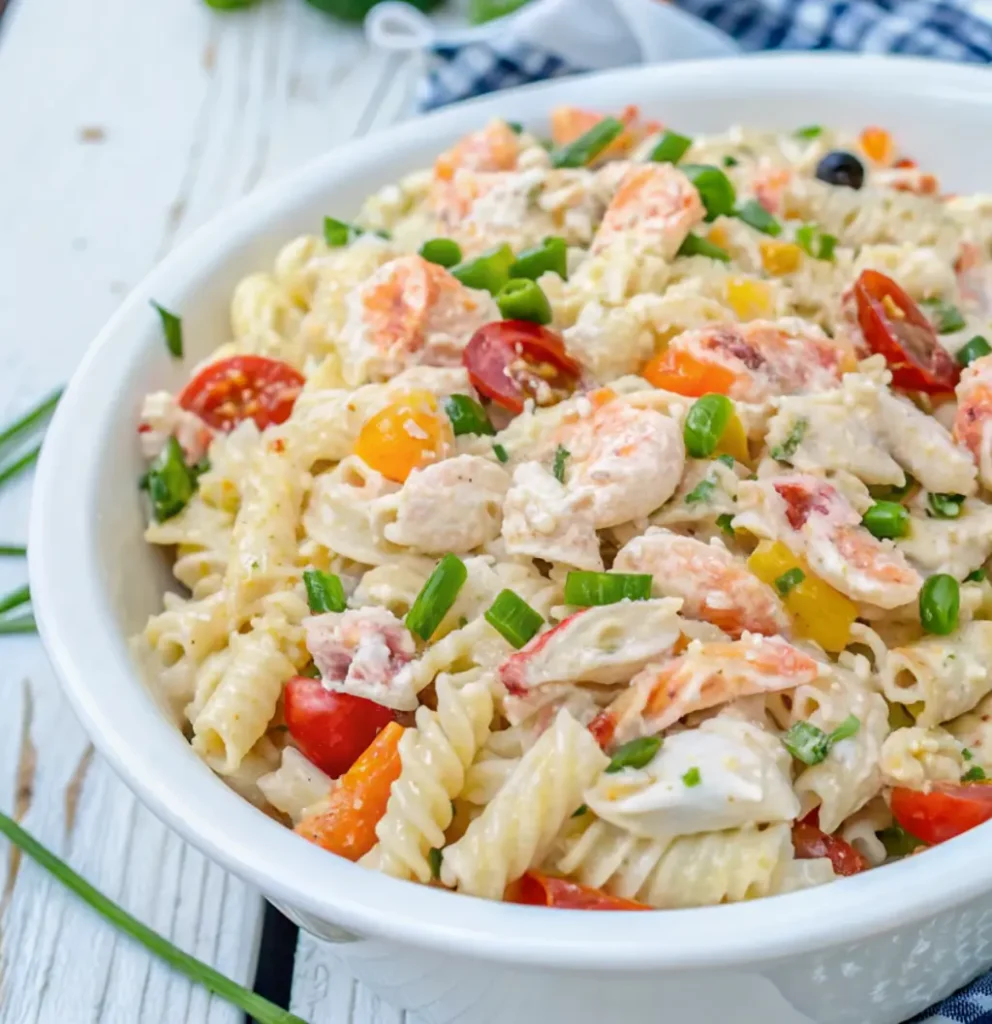 A creamy seafood pasta salad is presented in a white serving bowl, featuring rotini pasta, pink shrimp, sliced cherry tomatoes, yellow and orange vegetables, and bright green chives or green onions.