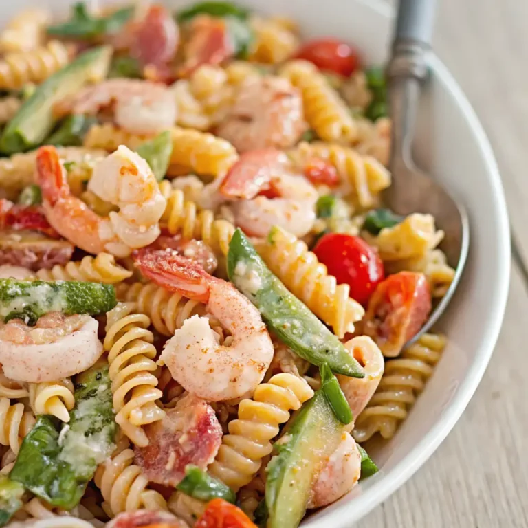 A creamy seafood pasta salad is presented in a white serving bowl, featuring rotini pasta, pink shrimp, sliced cherry tomatoes, yellow and orange vegetables, and bright green chives or green onions.