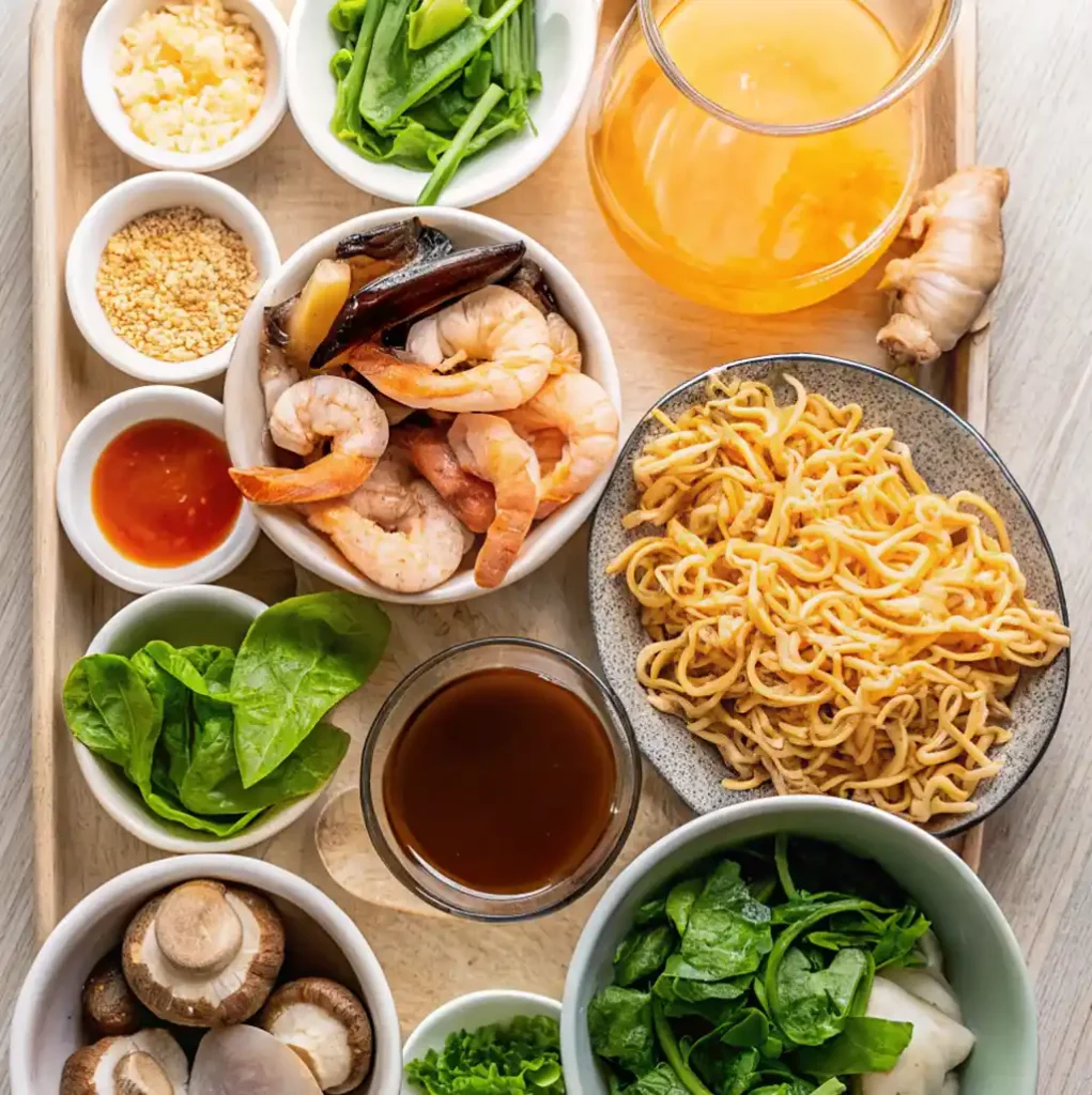 fresh ingredients for Seafood Ramen Recipe, including cooked shrimp, noodles, broth in a glass, mushrooms, leafy greens, chopped garlic, chili oil, and sauces on a wooden tray.