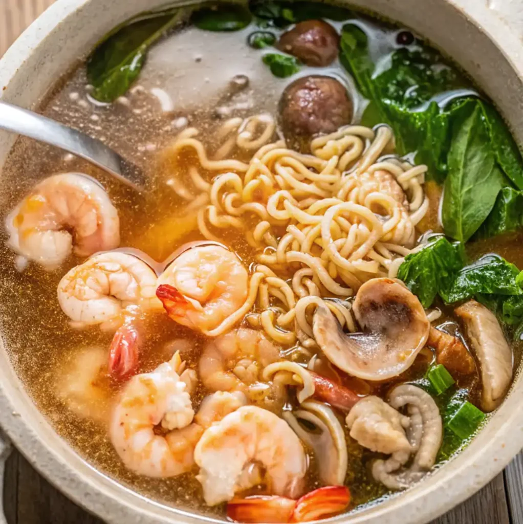 steaming bowl of seafood ramen, featuring plump shrimp, wavy instant noodles, sliced mushrooms, green leafy vegetables, and other seafood in a rich, clear brown broth.