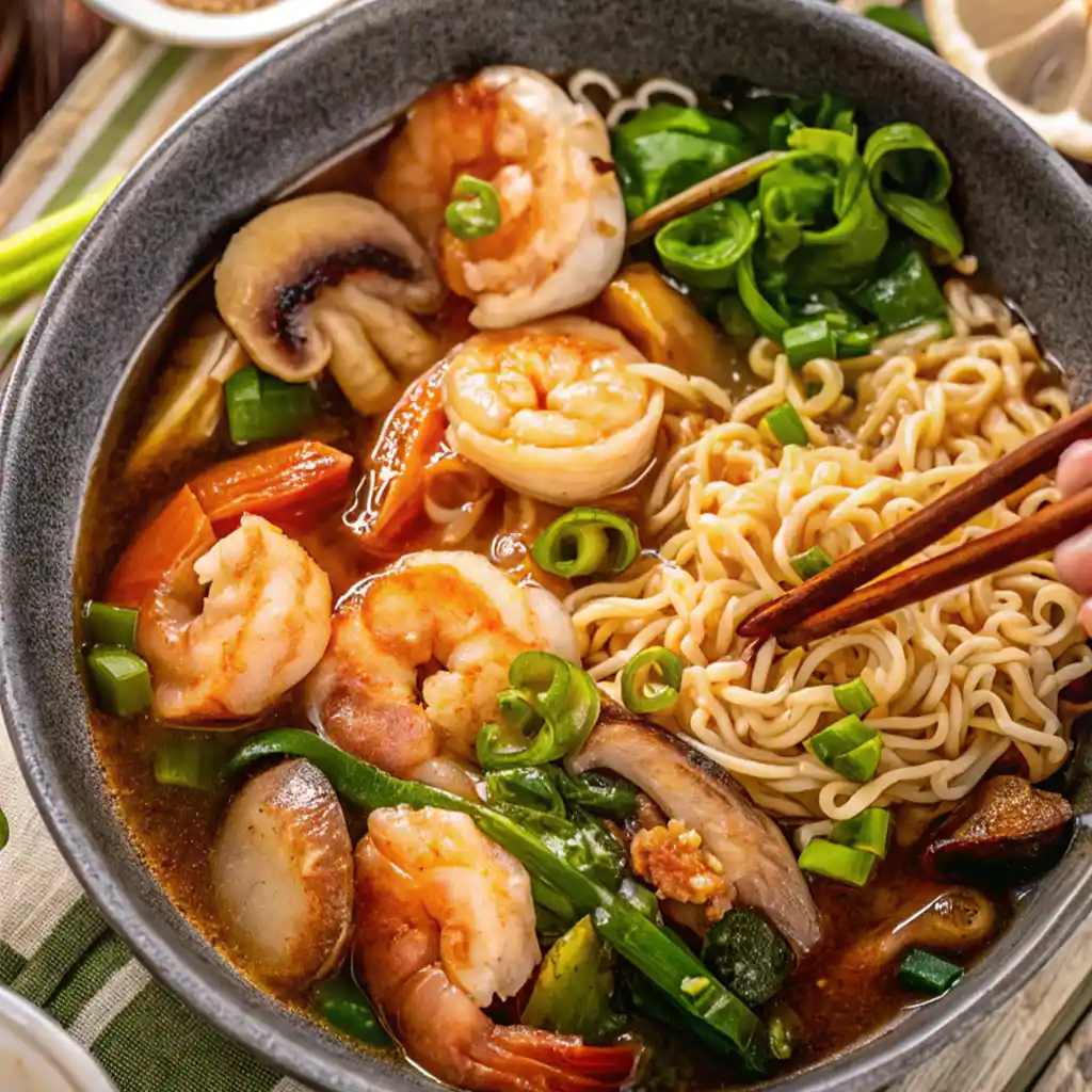 bowl of Seafood Ramen Recipe is shown from above, filled with plump shrimp, wavy noodles, sliced mushrooms, carrots, and green onions, with chopsticks ready to grab the noodles.