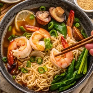 bowl of Seafood Ramen Recipe is shown from above, filled with plump shrimp, wavy noodles, sliced mushrooms, carrots, and green onions, with chopsticks ready to grab the noodles.