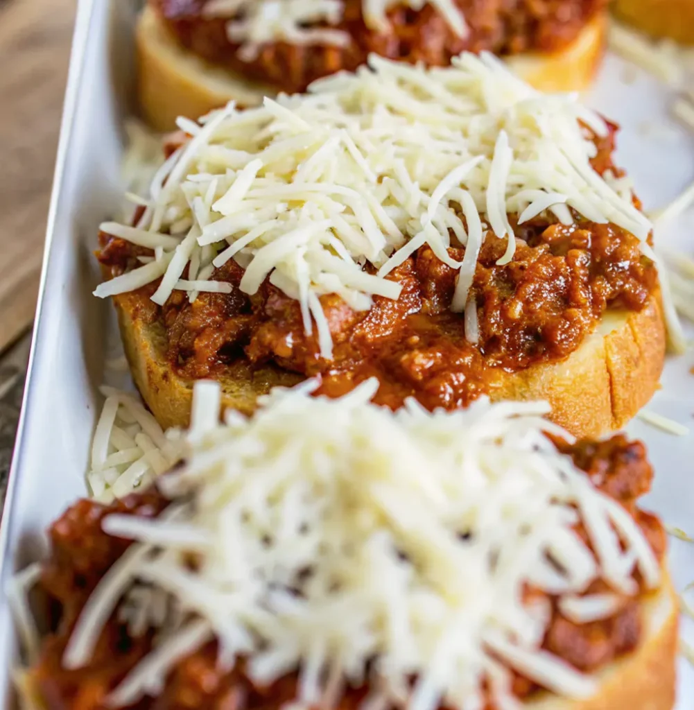 Texas Toast Sloppy Joes: Thick slices of toasted bread topped with savory, rich sloppy joe mixture and generously covered with shredded white cheese, ready for baking.
