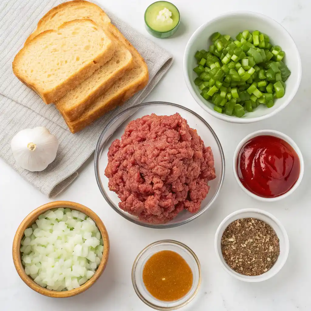 Texas Toast Sloppy Joes ingredients: raw ground beef, sliced Texas toast, diced green bell peppers, chopped onions, ketchup, a whole head of garlic, mustard, and a bowl of seasoning blend.
