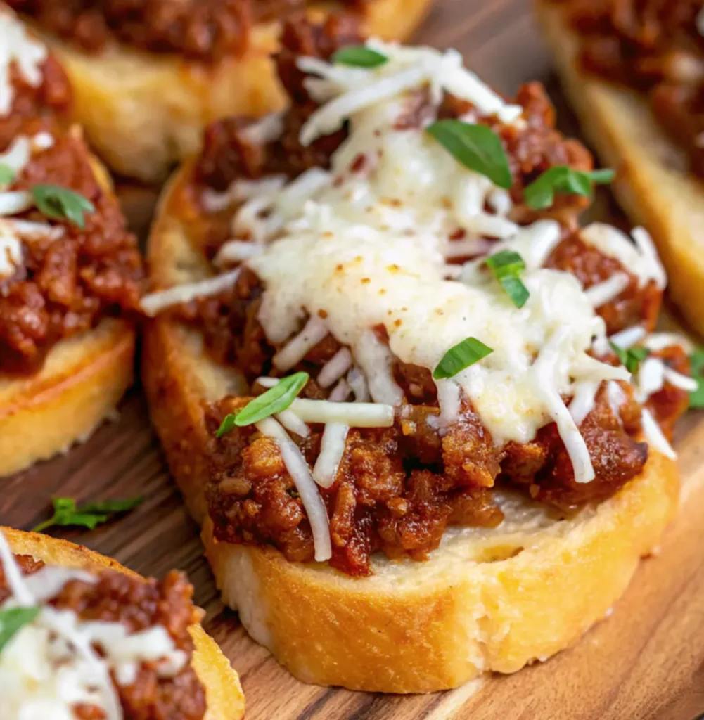 Texas Toast Sloppy Joe slice on a wooden cutting board, topped with a rich, saucy meat mixture and melted, shredded white cheese, garnished with fresh basil.