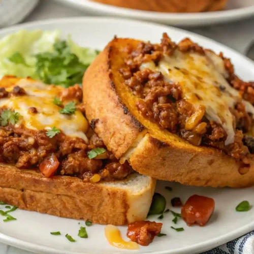 Photo shows a delicious Texas Toast Sloppy Joes dish, a perfect blend of: Texas Toast bread toasted with butter and garlic, topped with cooked beef mixture and rich sauce, with a layer of melted cheese on top, and garnished with some fresh cilantro or parsley.