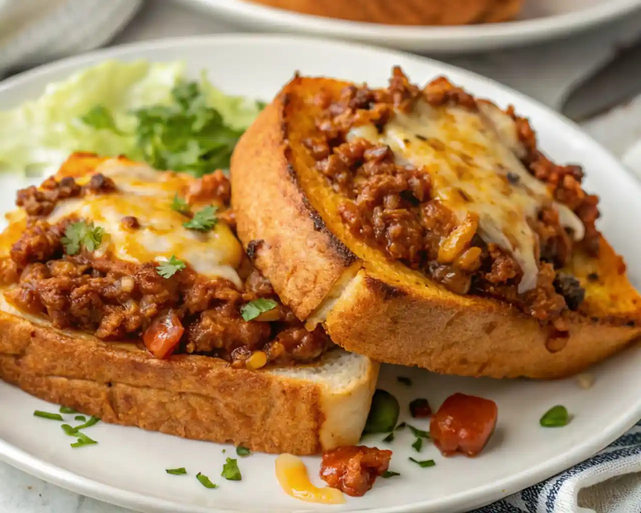 Photo shows a delicious Texas Toast Sloppy Joes dish, a perfect blend of: Texas Toast bread toasted with butter and garlic, topped with cooked beef mixture and rich sauce, with a layer of melted cheese on top, and garnished with some fresh cilantro or parsley.