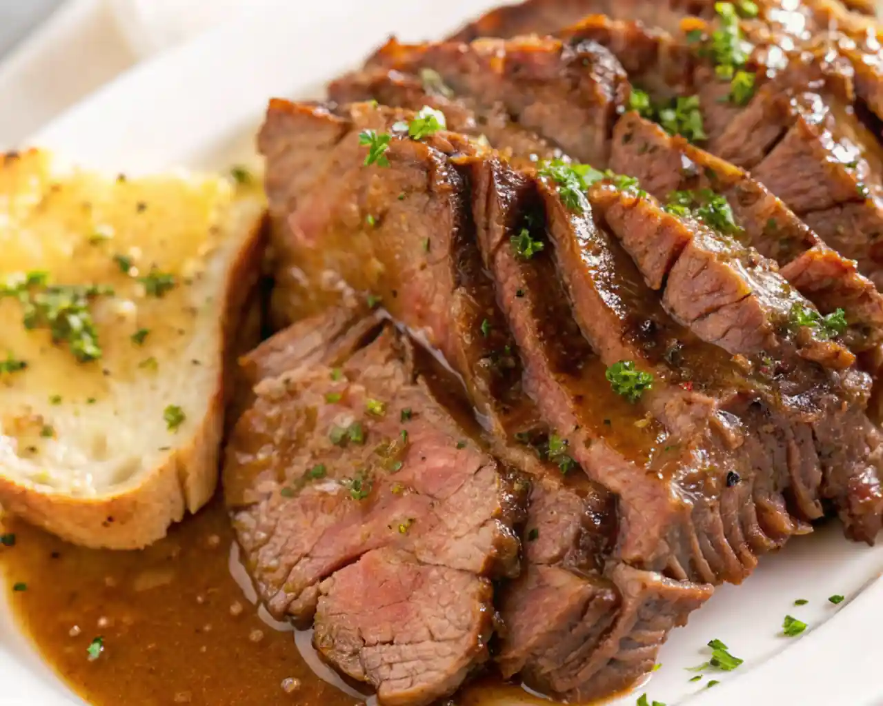 Slices of juicy Pikes Peak roast beef topped with rich brown gravy, served on a white plate
