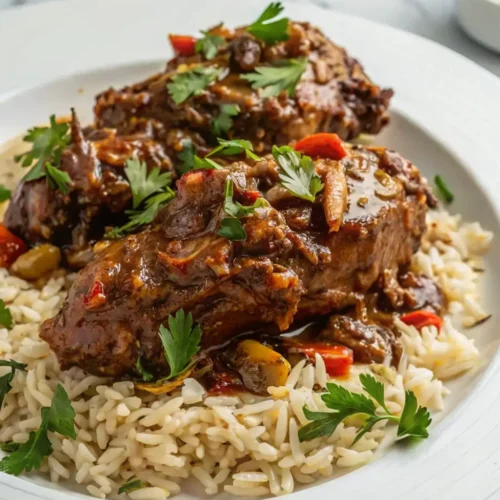 Two braised Turkey Neck Recipe, cooked until falling off the bone and coated in a rich, dark brown savory sauce, are served over a bed of fluffy white rice, garnished with fresh parsley and sliced red chili.