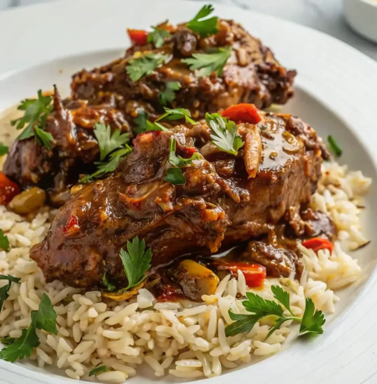 Two braised Turkey Neck Recipe, cooked until falling off the bone and coated in a rich, dark brown savory sauce, are served over a bed of fluffy white rice, garnished with fresh parsley and sliced red chili.