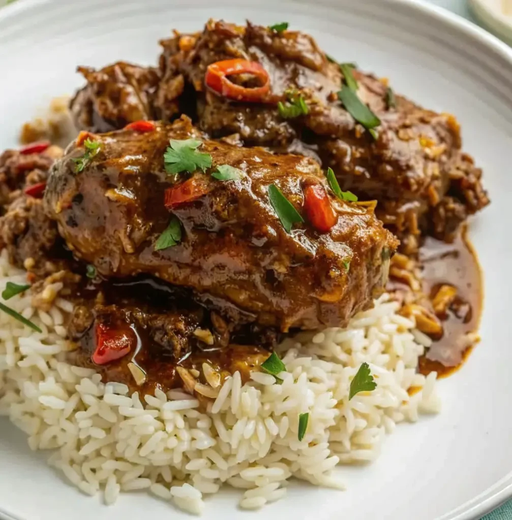 Two braised Turkey Neck Recipe, cooked until falling off the bone and coated in a rich, dark brown savory sauce, are served over a bed of fluffy white rice, garnished with fresh parsley and sliced red chili.