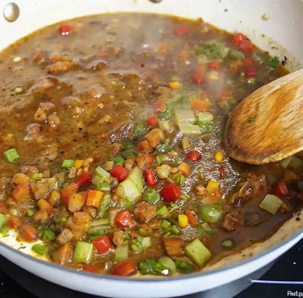 A simmering, rich brown stew is being stirred in a white pan, featuring colorful bits of chopped carrots, celery, bell peppers,