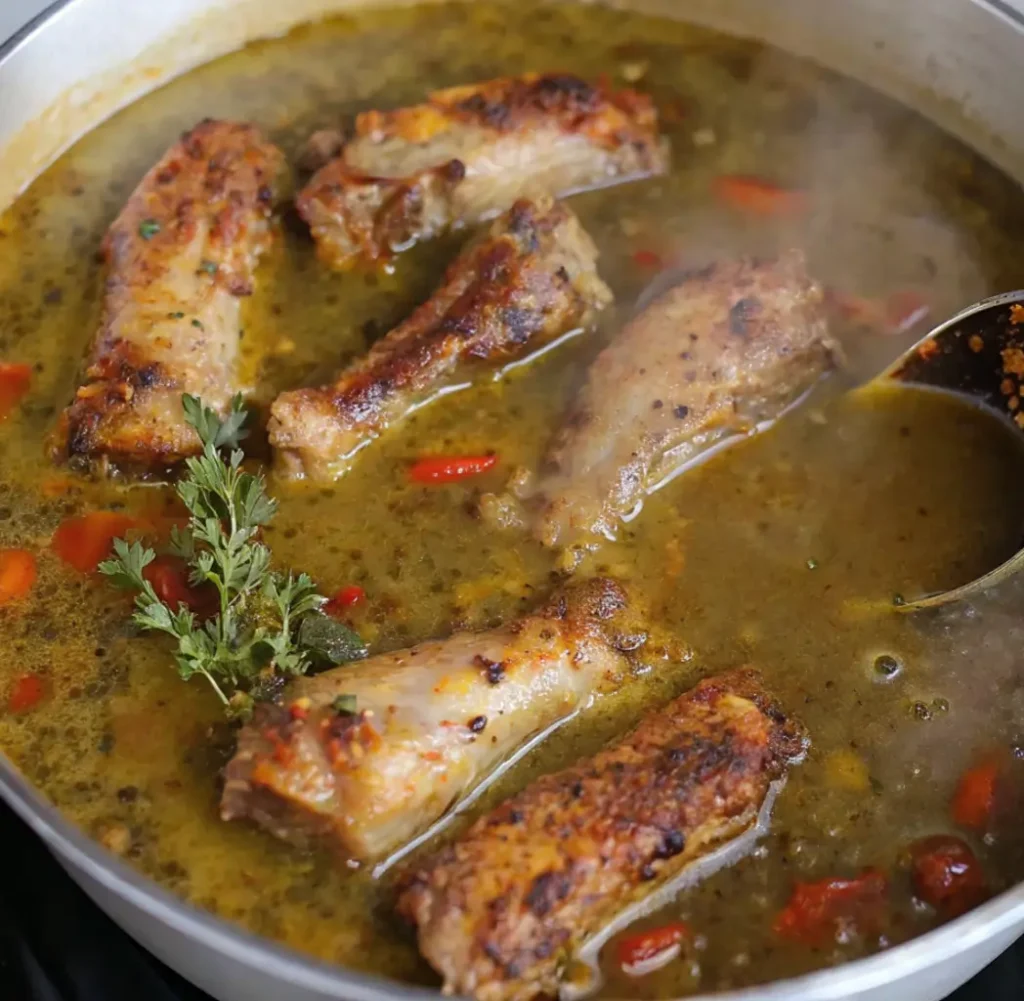 Five marinated and roasted turkey necks cooked in a broth made from red and green peppers and onions, ready to be tenderised.