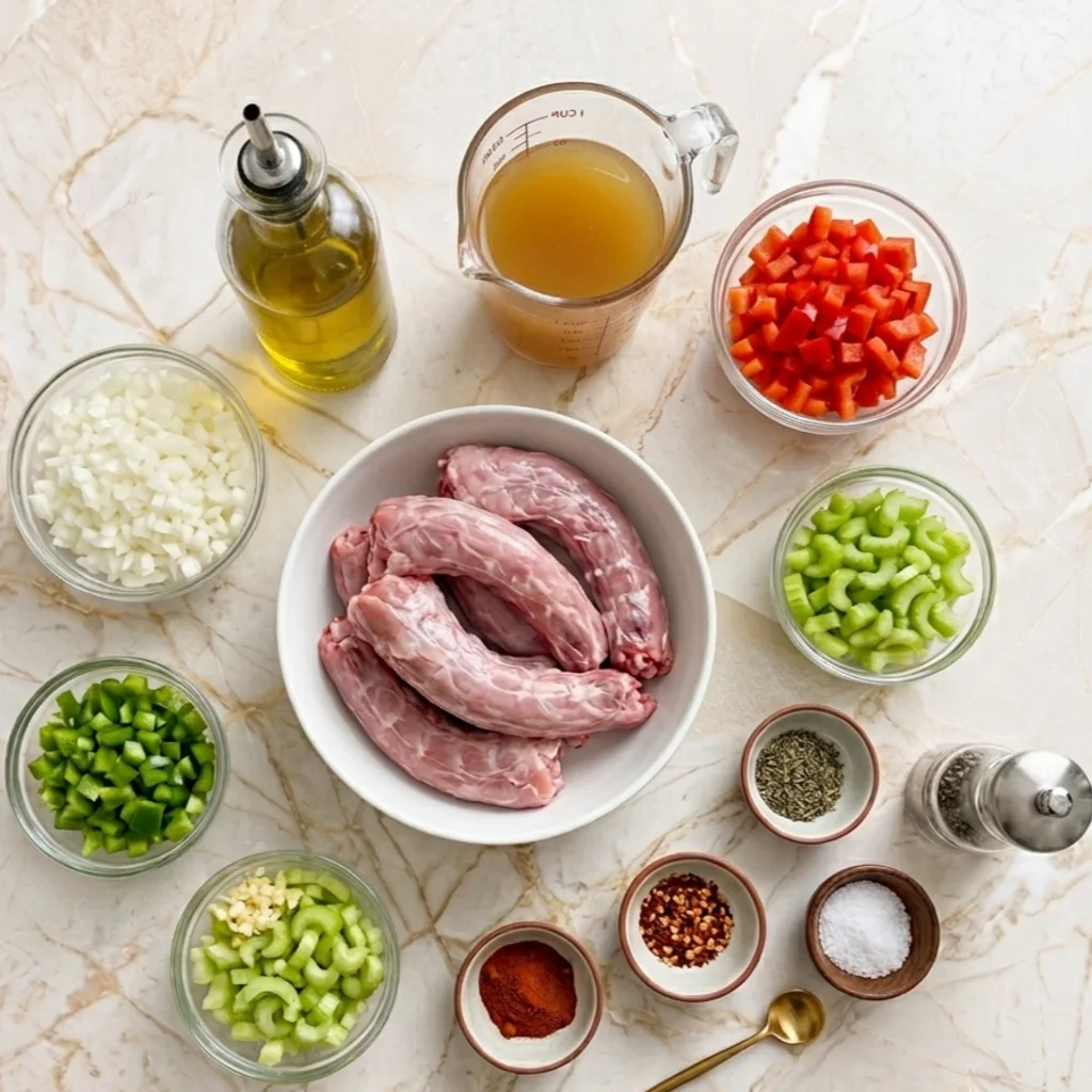 Ingredients for the turkey neck recipe: Four pieces of raw turkey neck, chopped celery and onion, Zbeton oil, broth, a variety of spices, and a whole clove of garlic.