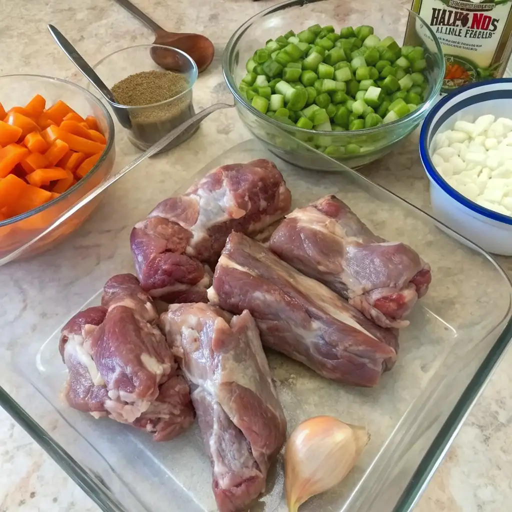 ingredients for a turkey neck recipe: four pieces of raw turkey neck, chopped carrots, celery, and onions, a bowl of seasoning, and a whole garlic clove.