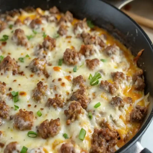 A delicious dish Hot Sausage Beer Cheese Dip containing minced meat cooked with melted cheese and maybe some vegetables or spring onions for garnish, cooked in a pan
