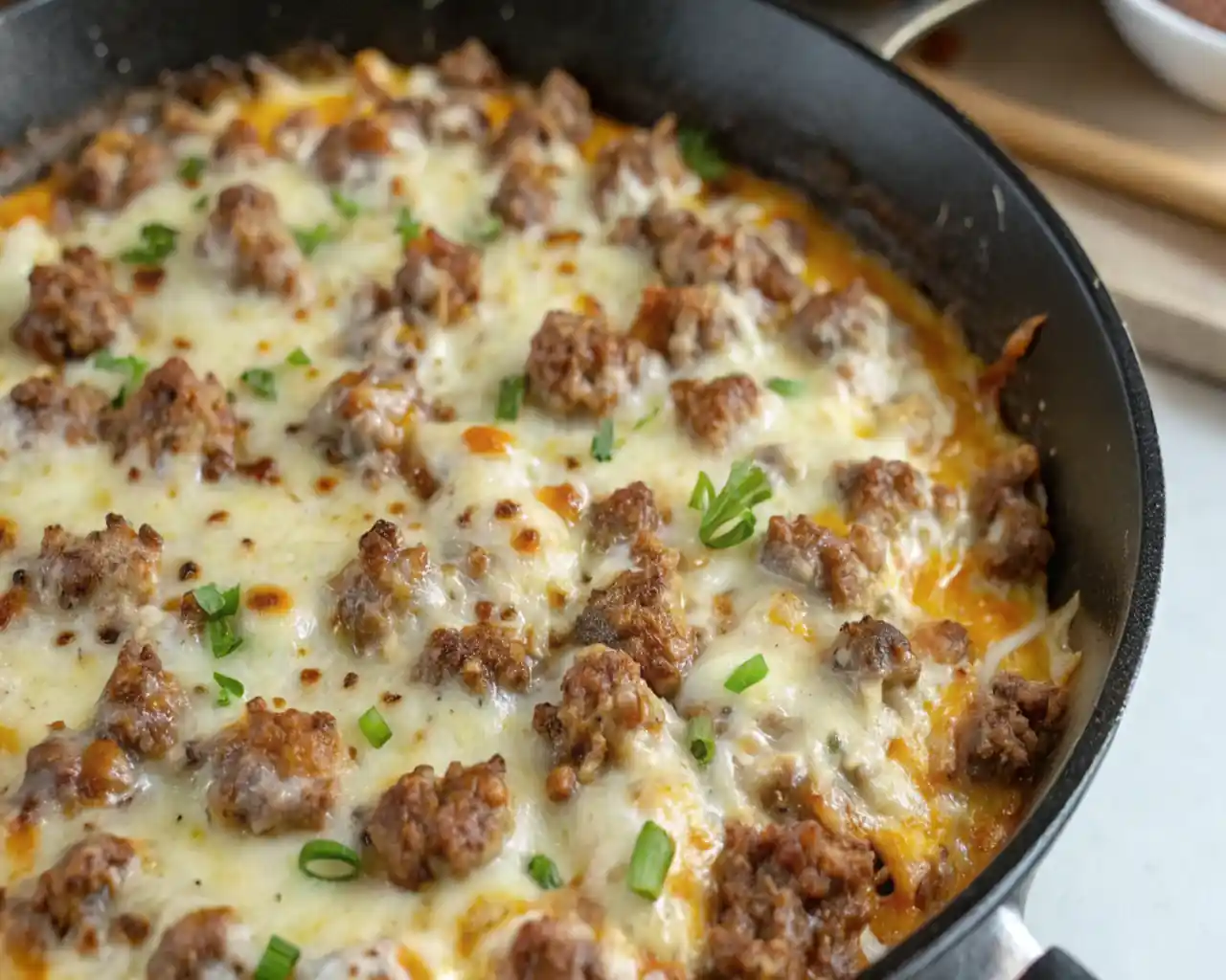 A delicious dish Hot Sausage Beer Cheese Dip containing minced meat cooked with melted cheese and maybe some vegetables or spring onions for garnish, cooked in a pan