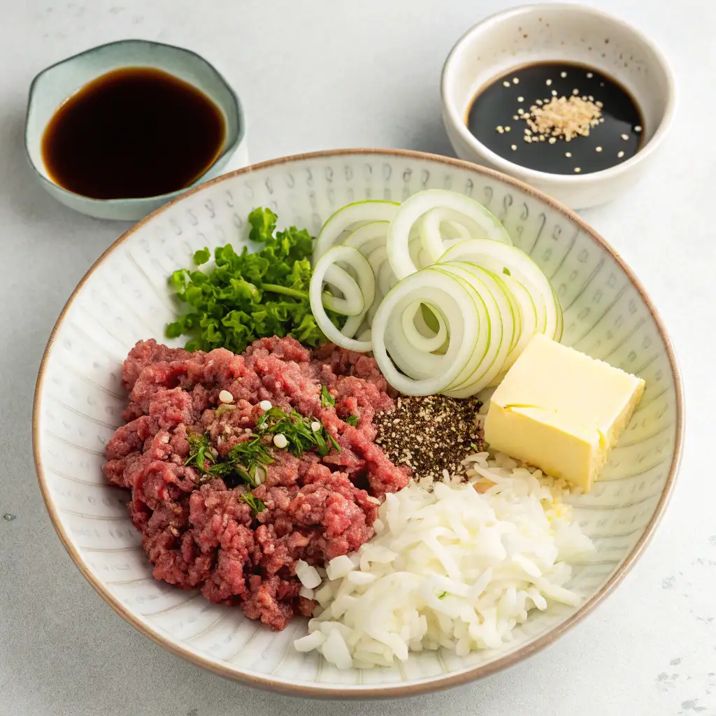 ingredients for a wagyu ground beef recipe, featuring minced beef, sliced and diced onions, butter, ground pepper, chopped chives, and two small bowls of sauces.