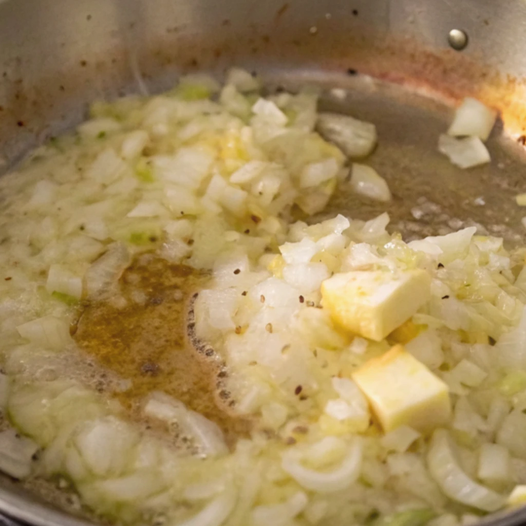 stainless steel skillet where diced white onions are sautéing in melted butter, with a remaining pat of butter and some bubbling liquid.