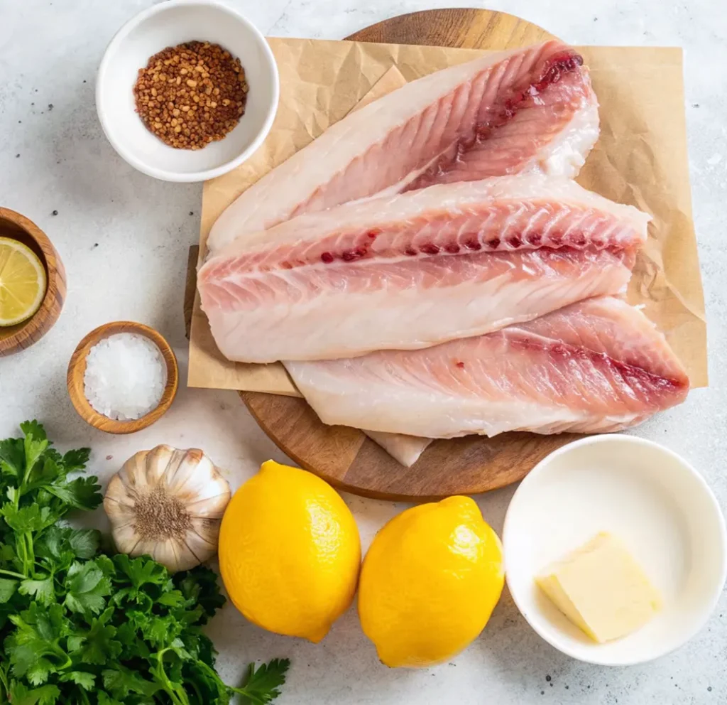 Ingredients for Yellowtail Fish Recipe Three raw yellowtail fish fillets on a wooden board, surrounded by ingredients: lemons, butter, garlic, parsley, sea salt, chili flakes, and a lime wedge.