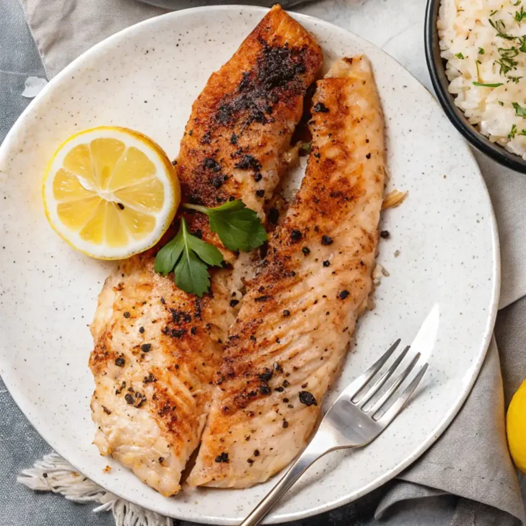 Yellowtail Fish Recipe Contains Two cooked and seasoned yellowtail fish fillets on a white plate with a lemon slice and parsley garnish, served next to a bowl of rice.