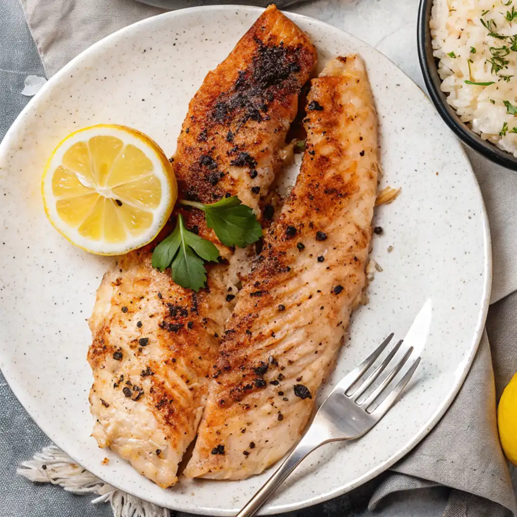 Yellowtail Fish Recipe Contains Two cooked and seasoned yellowtail fish fillets on a white plate with a lemon slice and parsley garnish, served next to a bowl of rice.