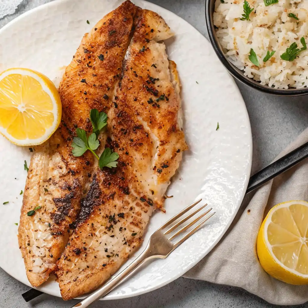 Yellowtail Fish Recipe Contains Two cooked and seasoned yellowtail fish fillets on a white plate with a lemon slice and parsley garnish, served next to a bowl of rice.
