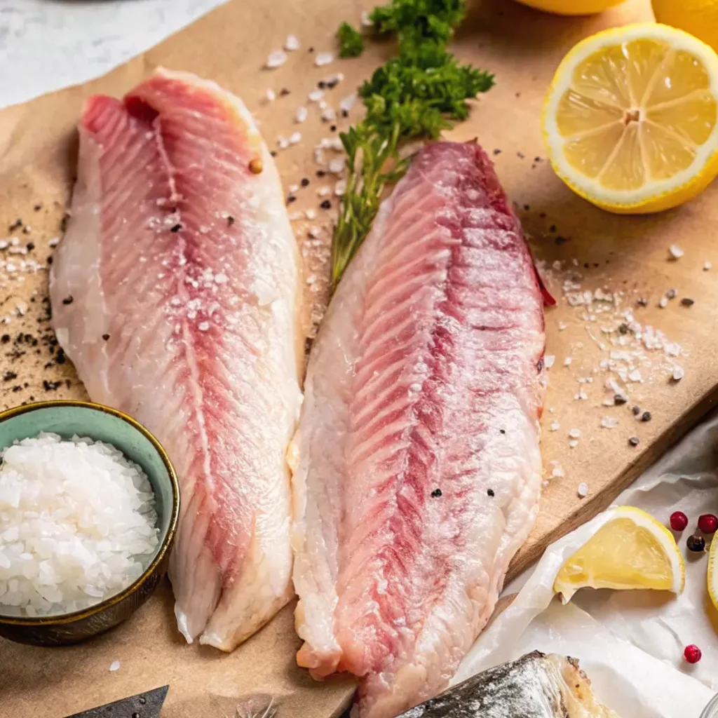 Two raw yellowtail fillets, sprinkled with coarse salt and pepper, rest on brown parchment paper next to a lemon half and a small bowl of salt.
