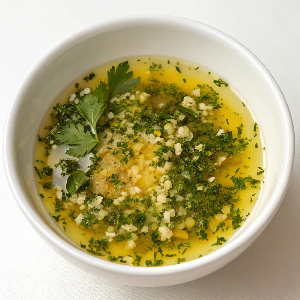 Close-up shot of a small white bowl containing lemon juice sauce mixed with chopped fresh parsley and minced garlic.