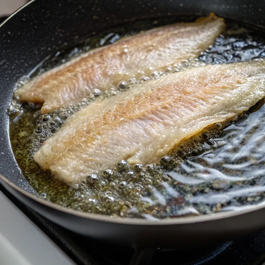 Two yellowtail fish fillets are pan-fried in hot oil in a dark non-stick skillet, bubbling around the edges.