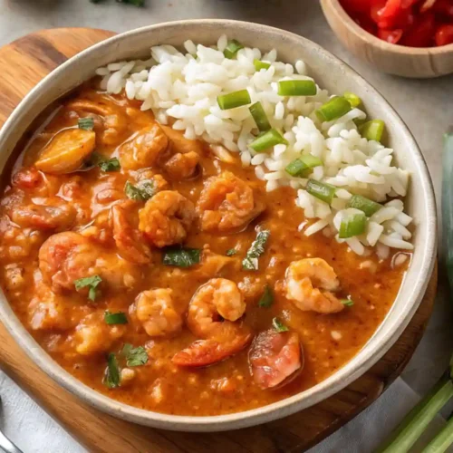 Crawfish Étouffée served with white rice and green onions in a bowl