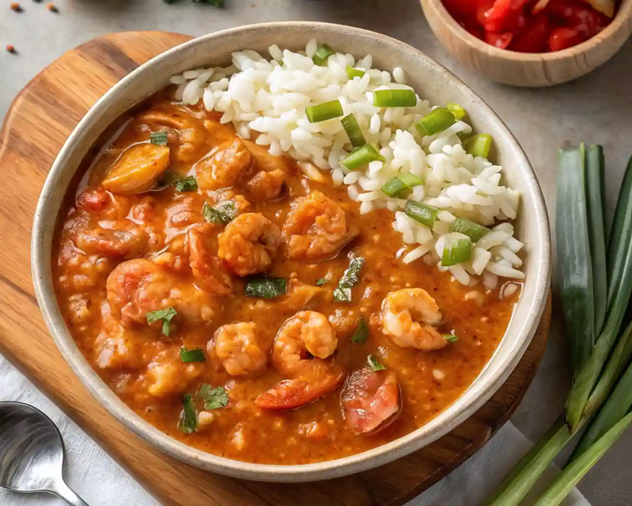 Crawfish Étouffée served with white rice and green onions in a bowl