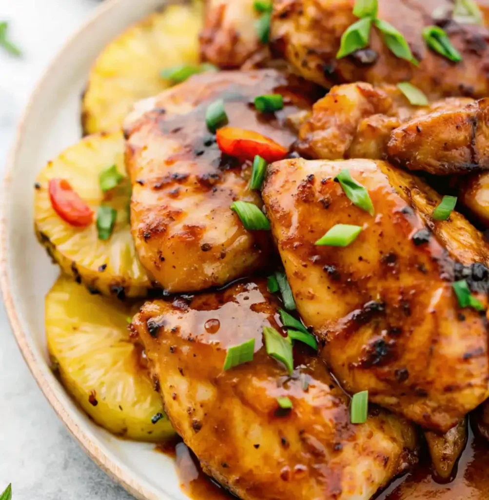 serving of Grilled Hawaiian BBQ Chicken Recipe. The chicken breasts are coated in a sweet, glossy sauce, topped with chopped scallions and sliced red chili, and served over grilled pineapple rings.
