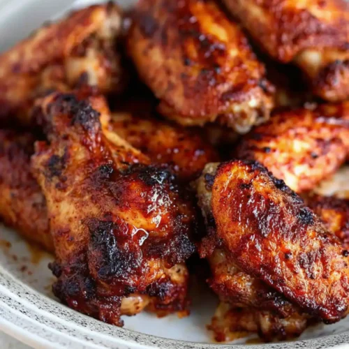 Close-up shot of the result How To Reheat Chicken Wings Several dark-coloured, sauce-covered, crispy-looking cooked chicken wings piled on a light-coloured plate, ready to eat.