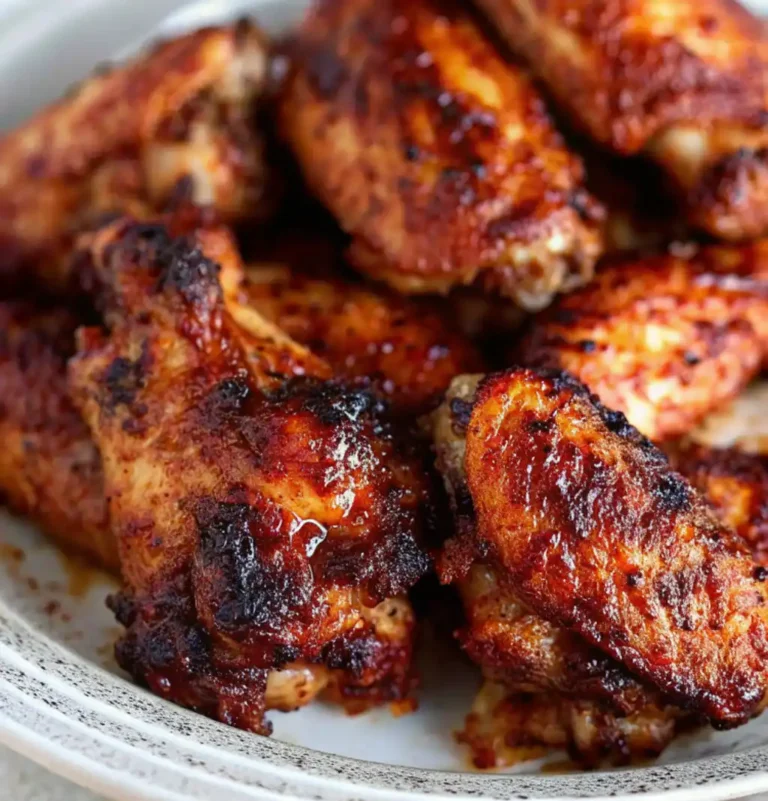 Close-up shot of the result How To Reheat Chicken Wings Several dark-coloured, sauce-covered, crispy-looking cooked chicken wings piled on a light-coloured plate, ready to eat.
