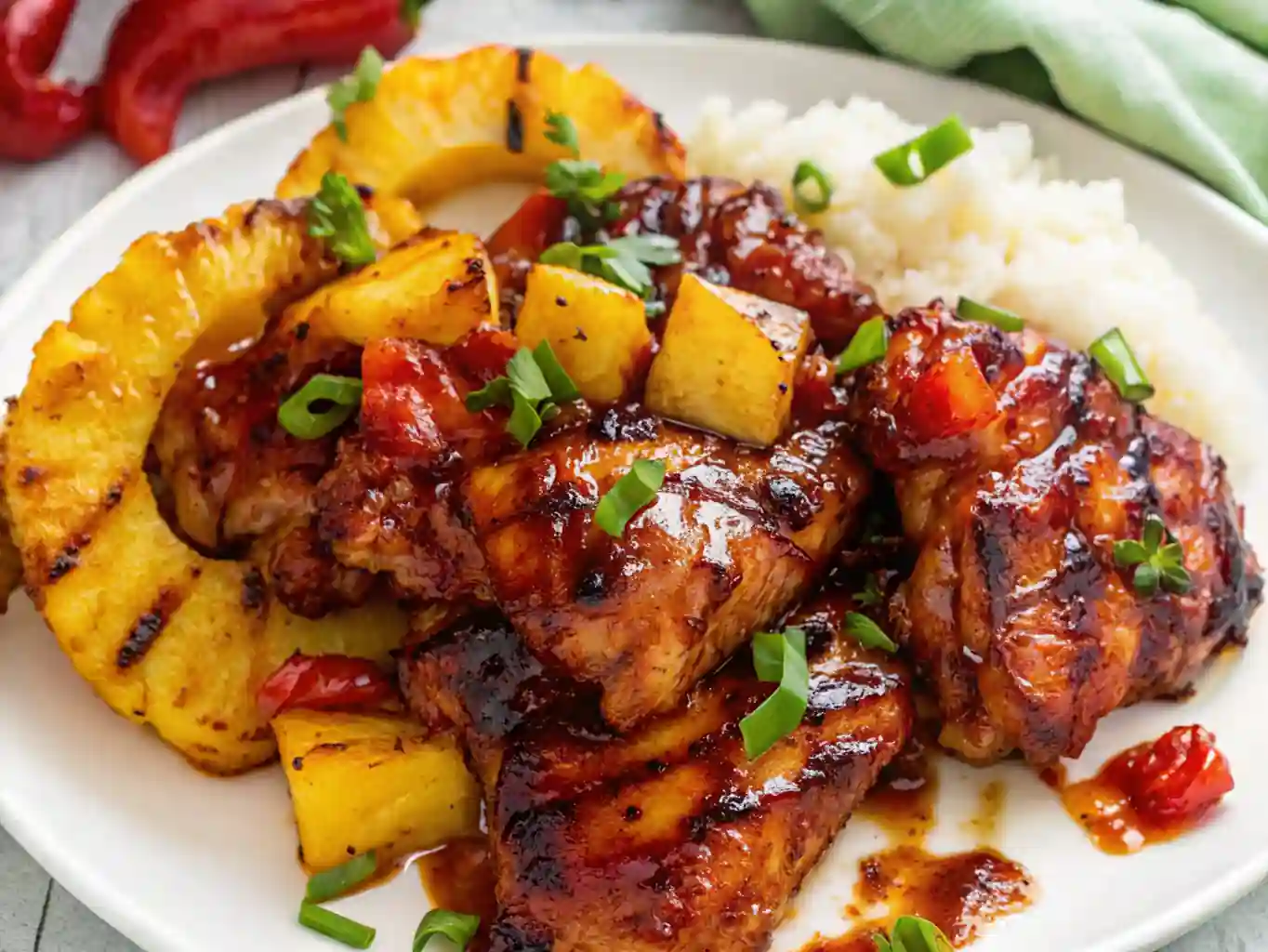 Plated Hawaiian BBQ chicken recipe served with white rice and grilled pineapple