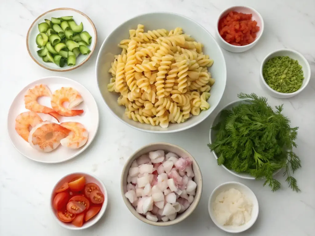 ingredients for a seafood pasta salad, including a bowl of rotini/fusilli pasta, shrimp, chopped scallops or white fish, cucumber, tomatoes, dill, and finely chopped onion and green herbs.