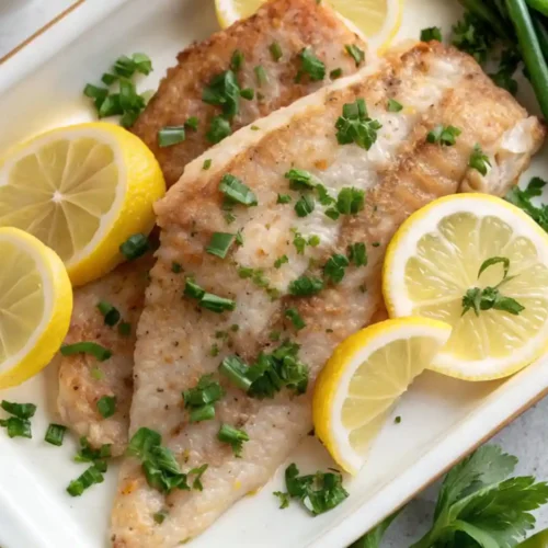 Pan-fried Yellowtail Fish Recipe garnished with chopped herbs and lemon slices on a white serving plate