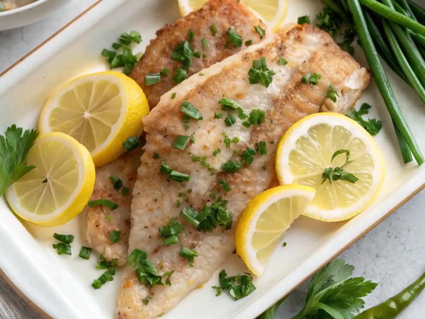 Pan-fried Yellowtail Fish Recipe garnished with chopped herbs and lemon slices on a white serving plate