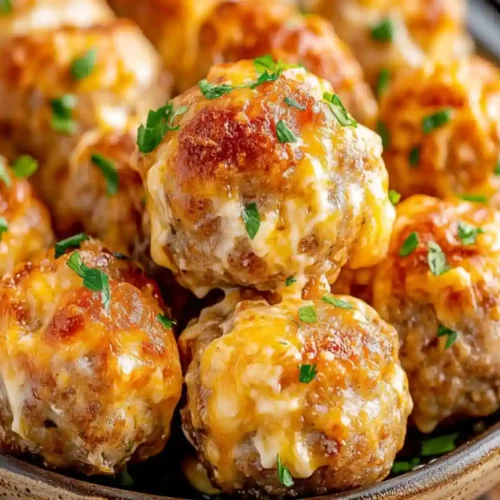 Close-up of golden-baked Rotel sausage balls with melted cheese and fresh parsley garnish